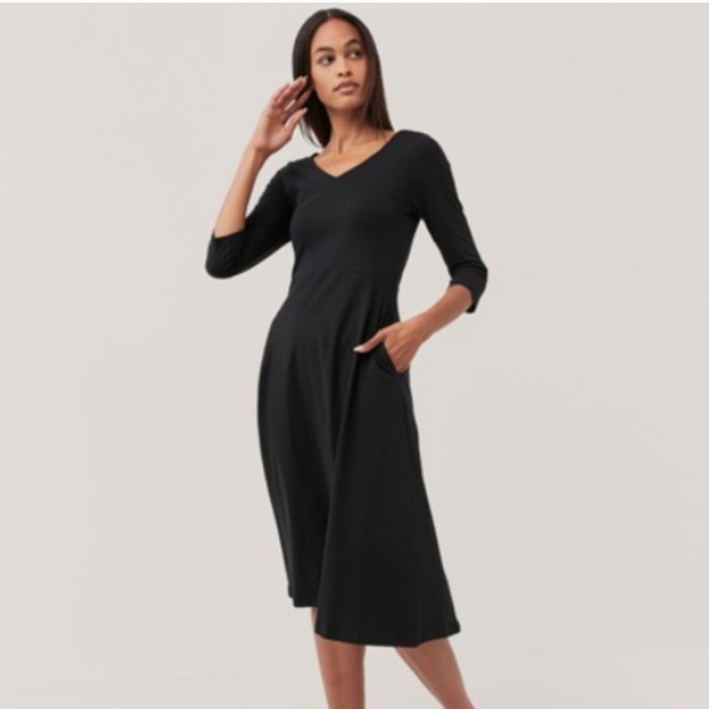 Pact Women's Organic Cotton Fit & Flare Midi Party Dress Pockets Size XL Black